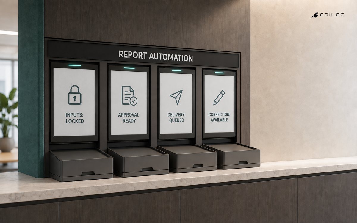 Four report automation slots show locked inputs, ready approval, queued delivery and an available correction path.