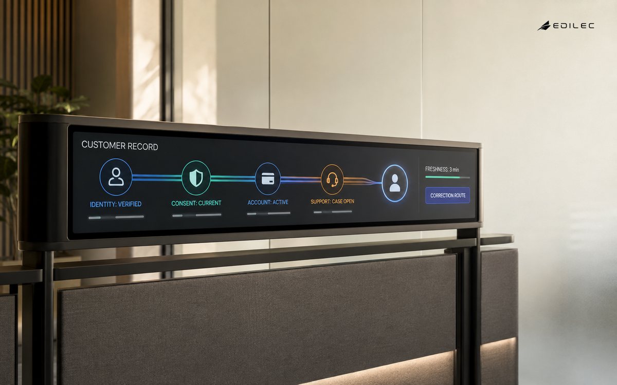 A unified customer record connects verified identity, current consent, active account state and an open support case with freshness and correction controls.