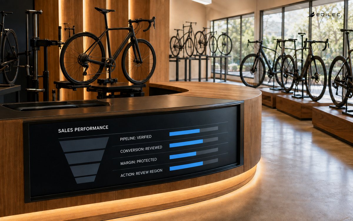 A bicycle showroom counter displays verified pipeline, reviewed conversion, protected margin and a regional follow-up action.