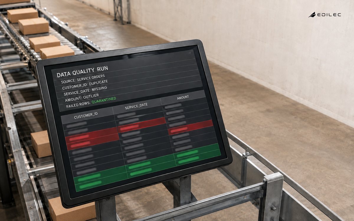A service-order data-quality run identifying duplicate, missing and outlier fields before failed rows are quarantined.
