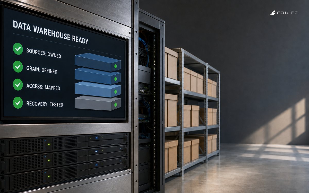 A data-readiness bay shows owned sources, defined grain, mapped access and tested recovery beside unbranded data racks and source boxes.