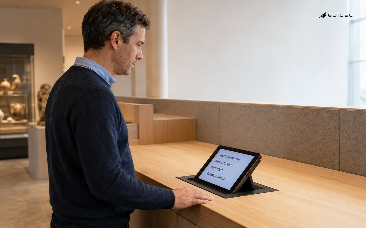A museum operations manager reviews a docked dashboard-adoption record based on an observed task and feedback.