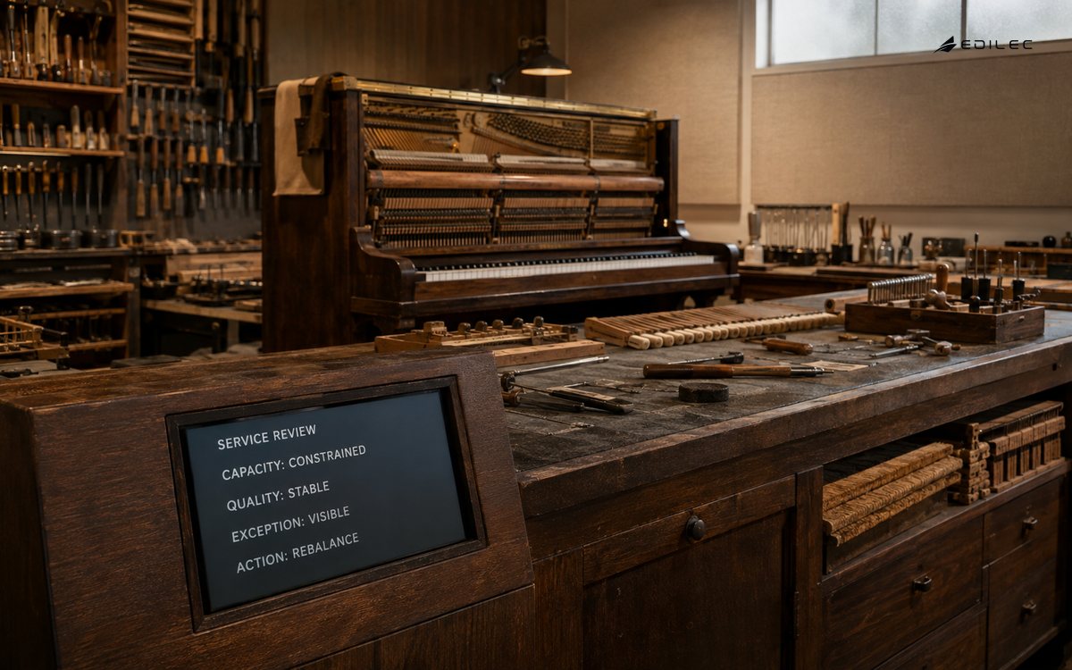 A piano restoration bench includes a service review showing constrained capacity, stable quality and an action to rebalance work.