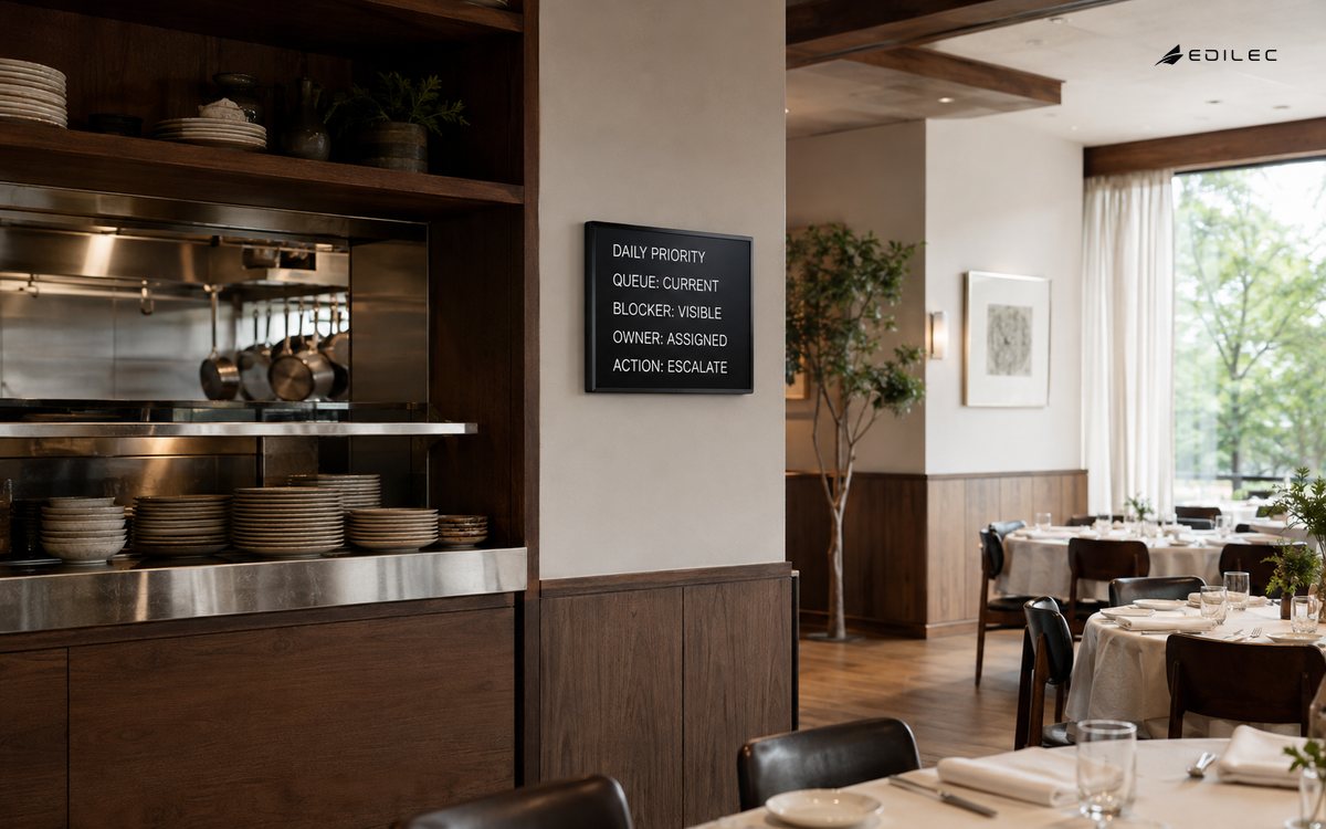 A restaurant service pass shows the current operational queue, a visible blocker, an assigned owner and an escalation action.