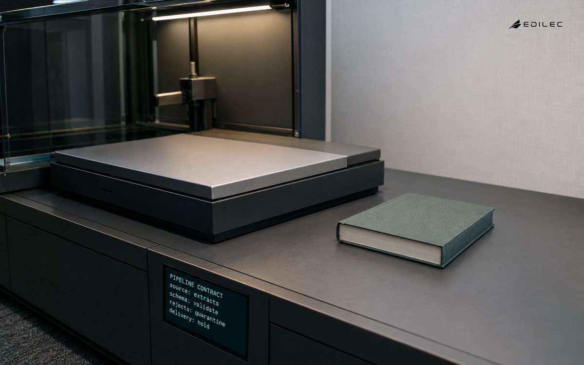 A digitisation station shows a data pipeline contract for extracts, schema validation, quarantine of rejects and held delivery.
