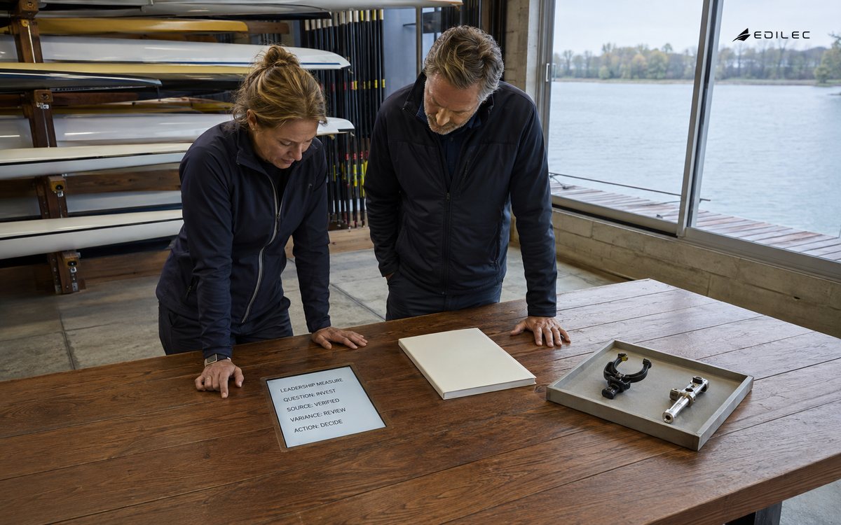 Two leaders review a recessed boathouse measure tied to an investment question, verified source, variance review and decision action.