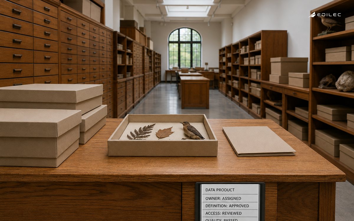 A natural-history collection registry records the owner, approved definition, reviewed access and passed quality of a data product.
