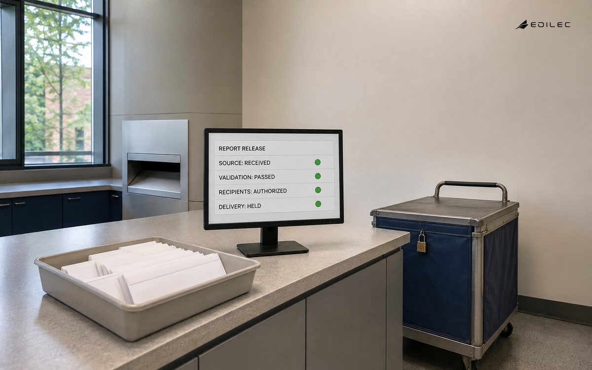 A university mail dispatch station holds a report release after source receipt, validation and recipient authorization.