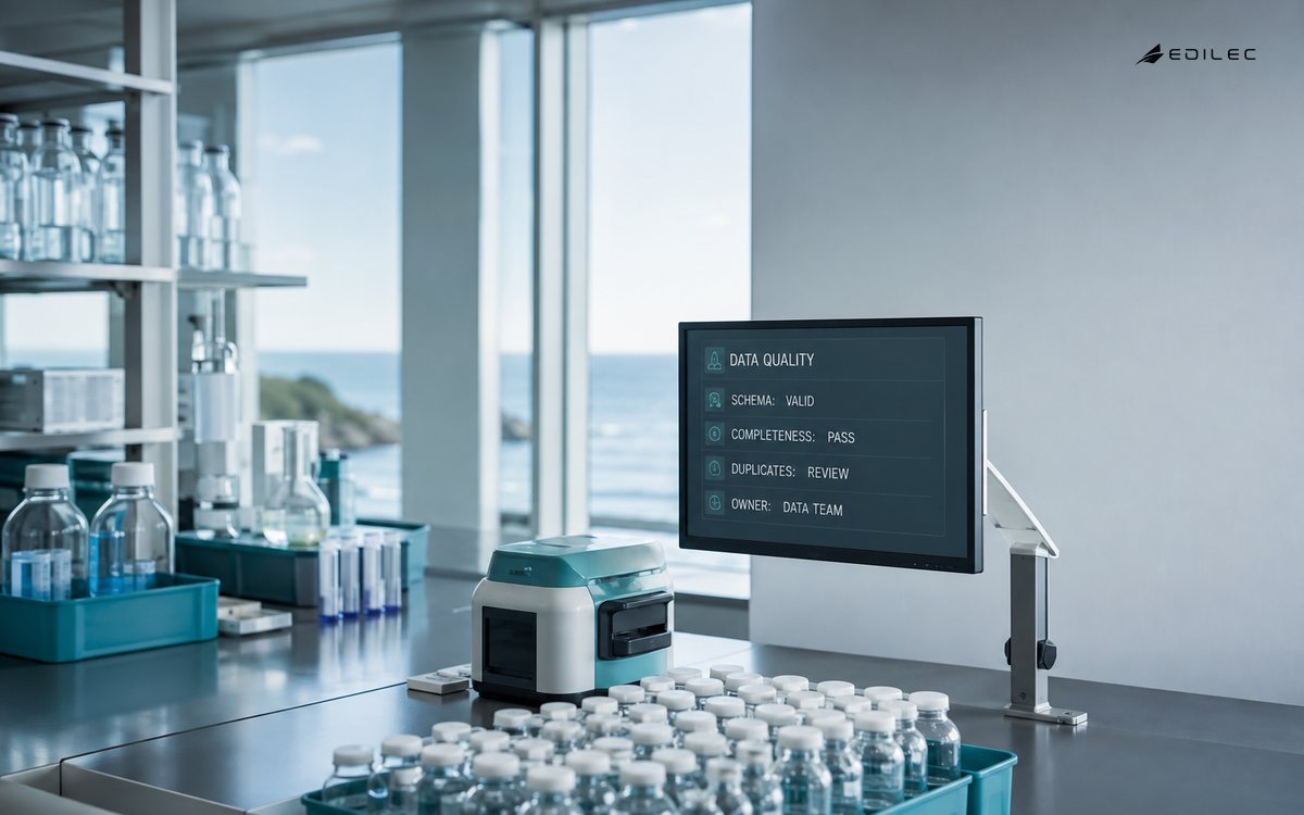 An environmental laboratory monitor checks schema, completeness, duplicates, and data ownership.