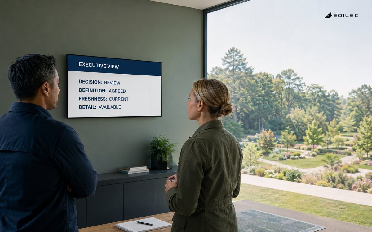 Two garden operations leaders review a decision-oriented executive reporting display.