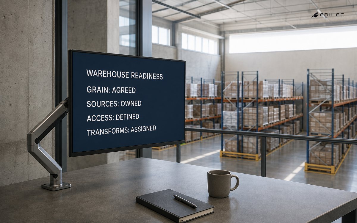 A distribution planning station documents readiness for a data warehouse build.