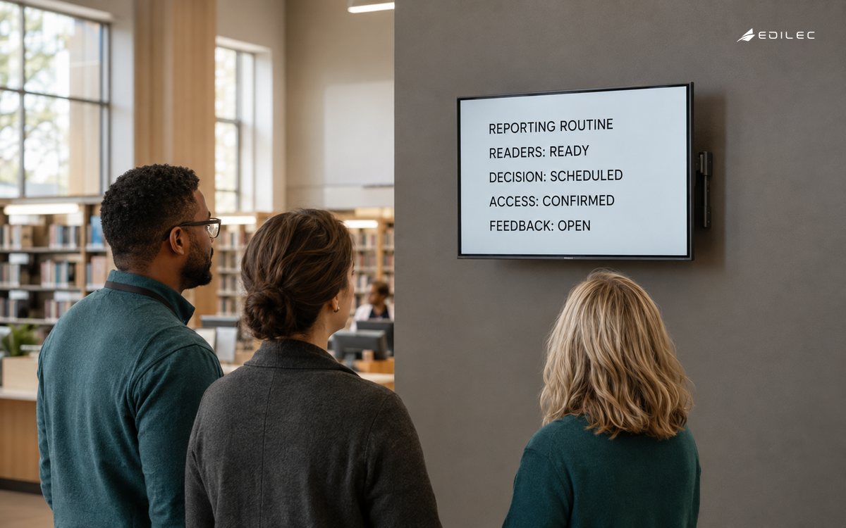 A library team reviews a reporting routine designed for real adoption.