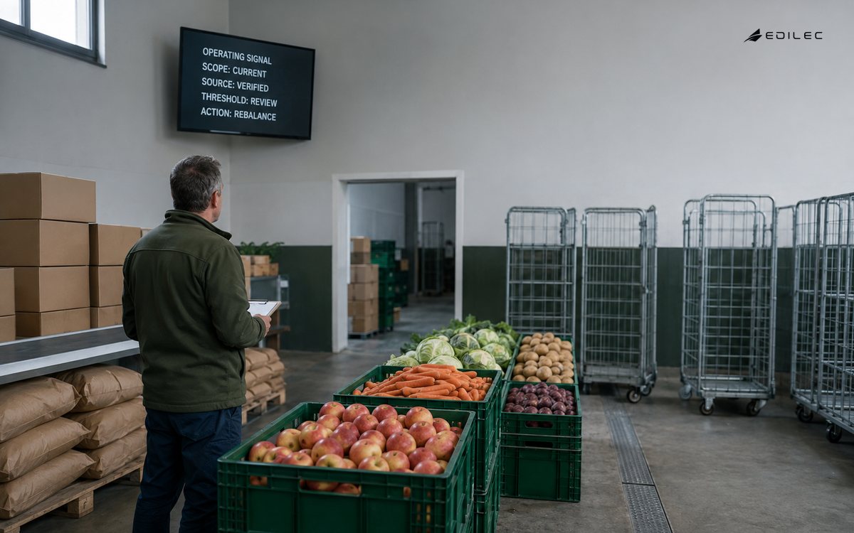 A food-bank manager reviews a current, verified operating signal that triggers a rebalancing action.