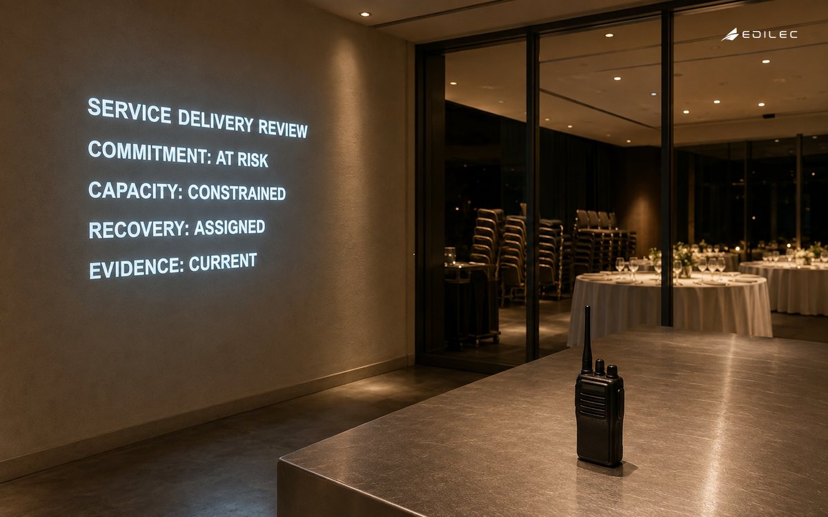 A hotel conference-service room projects an at-risk commitment, constrained capacity and an assigned recovery backed by current evidence.