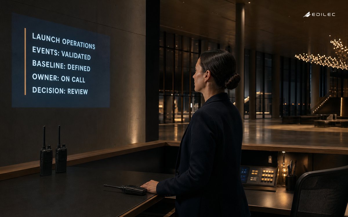 An opening-night coordinator reviews validated operational events, a defined baseline and an on-call owner before launch.