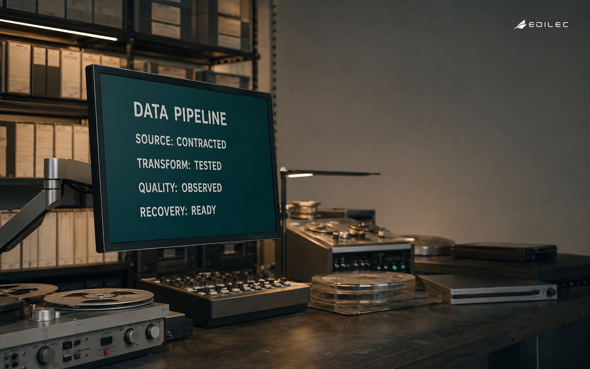 An orchestral archive digitisation room shows a contracted and recoverable data pipeline.