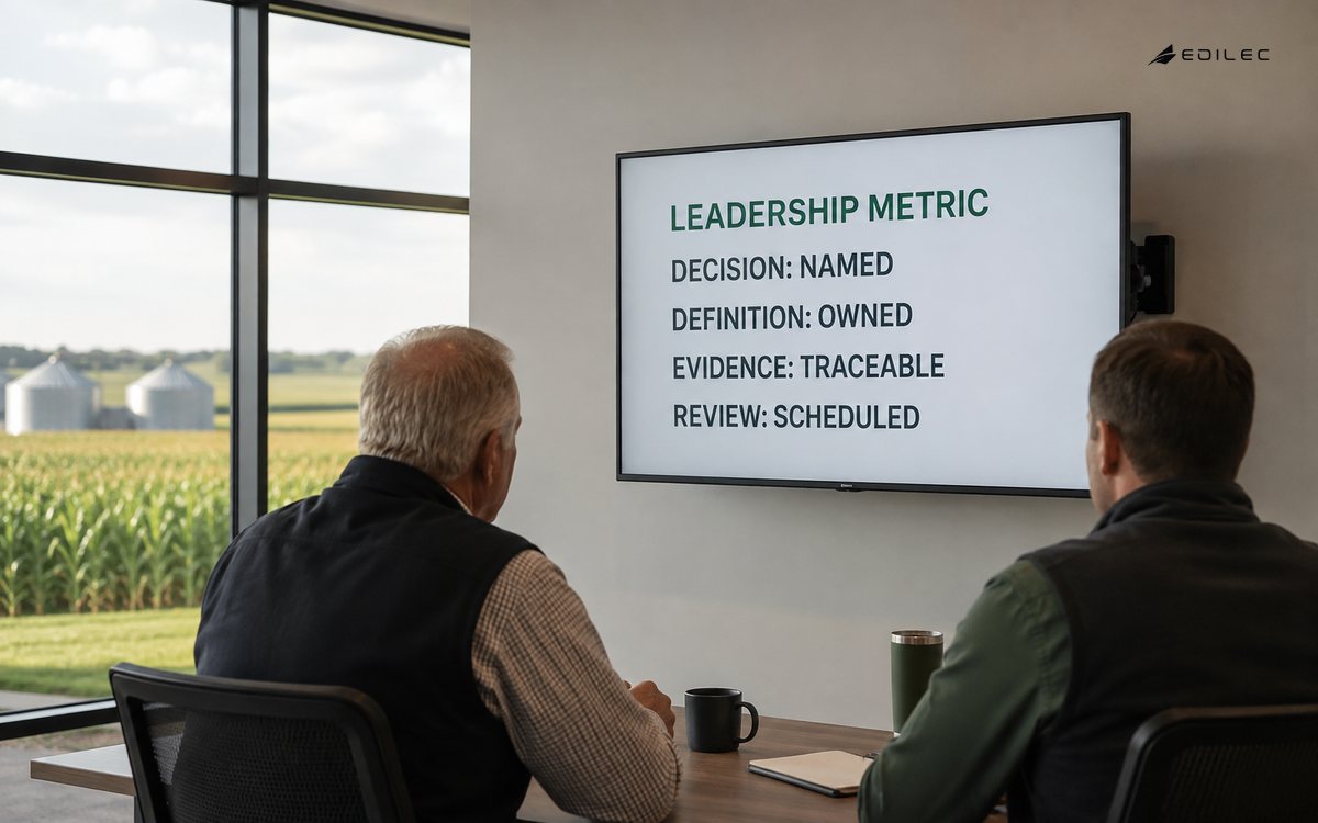Two cooperative leaders review a decision-ready metric with an owned definition.