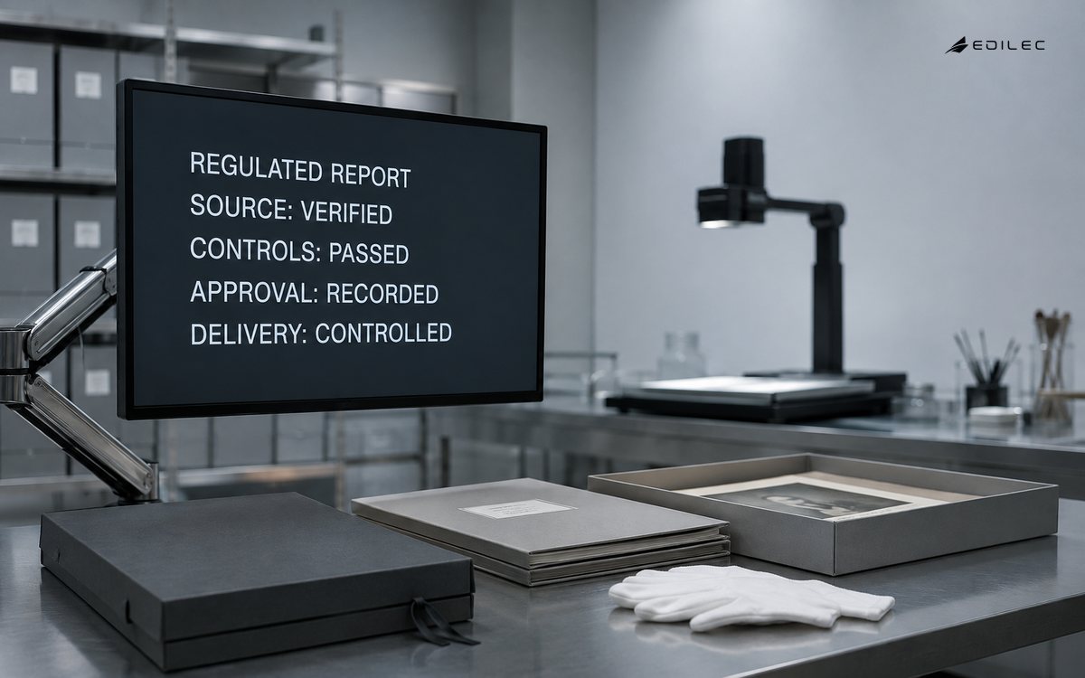 A conservation lab releases a regulated report through verified sources and recorded approval.
