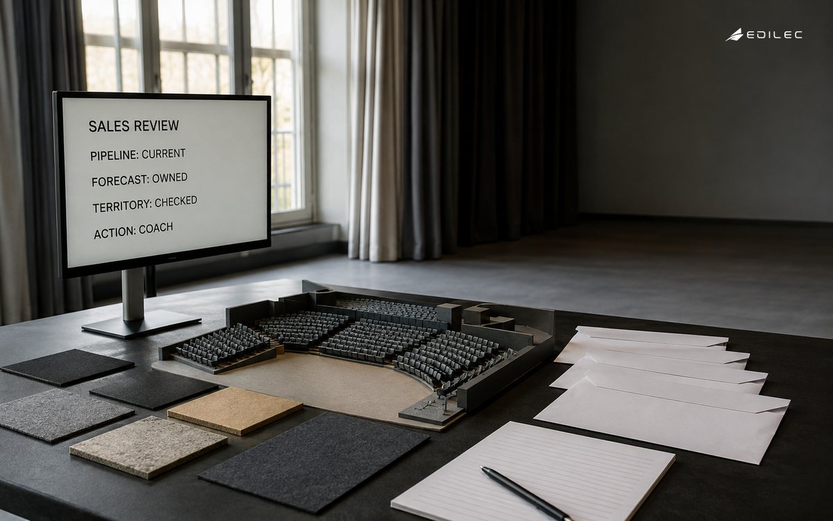 A sales-review monitor sits beside a theatre seating model and planning materials.