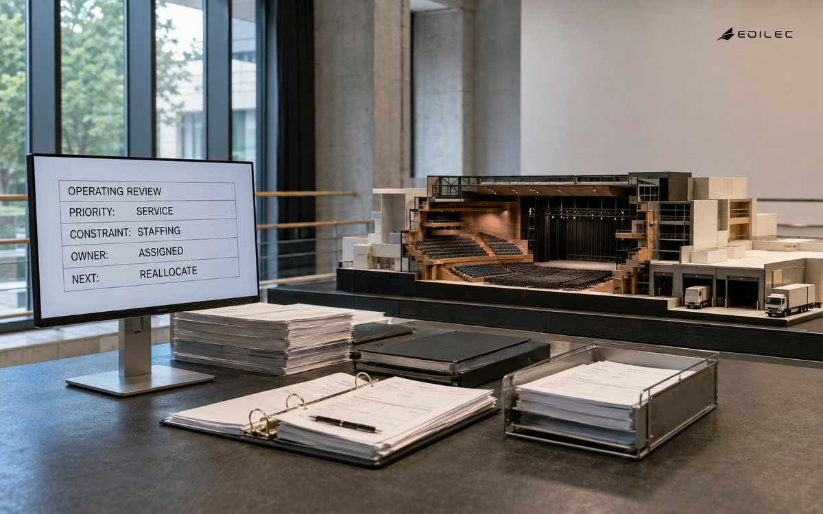 An operating-review monitor sits beside a venue model and staffing pieces.