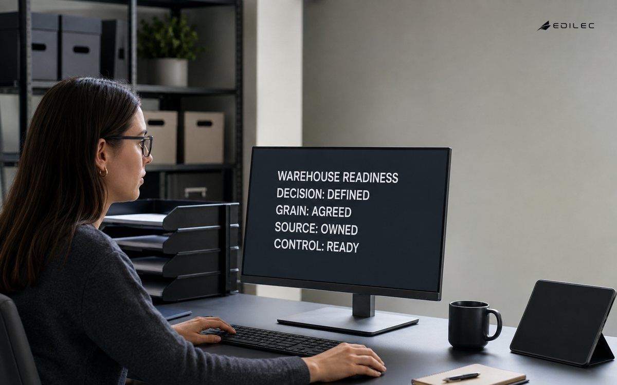 A data steward checks warehouse readiness for a client-facing service workflow.