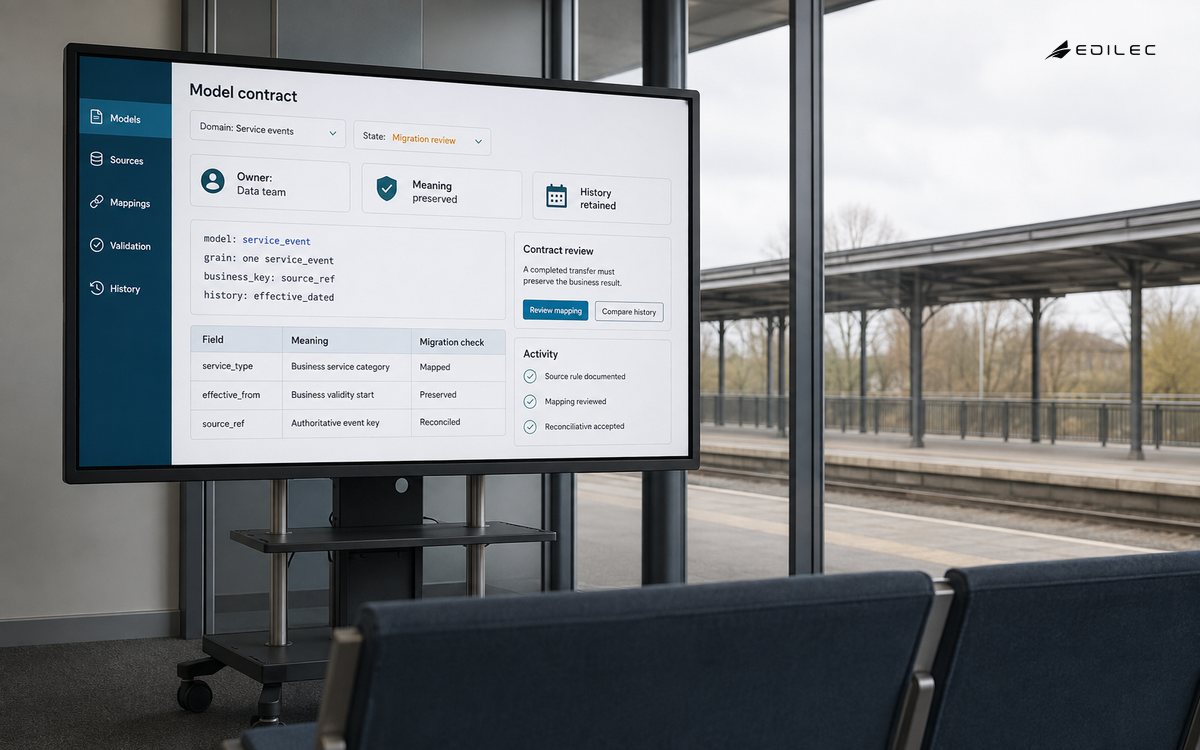 A data-model contract monitor overlooking a rail platform shows readable schema rules and migration checks.