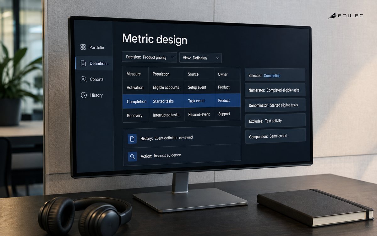 A product-research workstation displays metric populations, definitions and eligible-task denominators.
