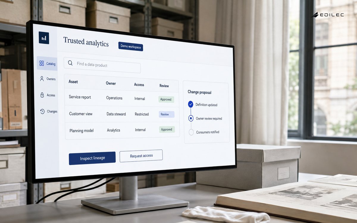 An analytics catalog lists data assets, owners, access restrictions, and change review states.