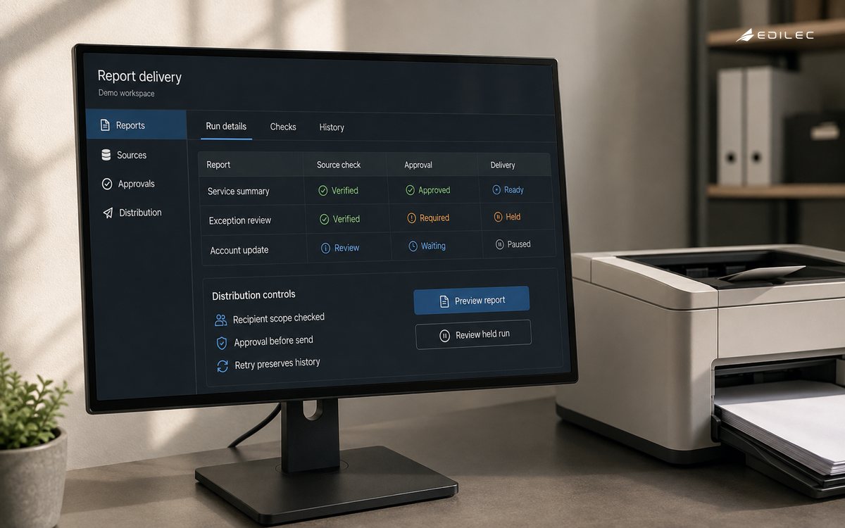 A report delivery console shows source checks, approvals, held reports, and distribution controls.