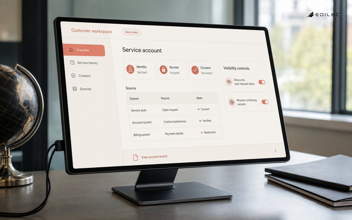 A customer workspace shows scoped source records, consent status, and restricted billing details.