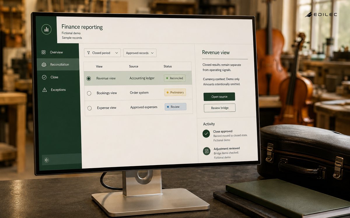 A finance reconciliation app stands beside ledgers in an instrument cooperative.