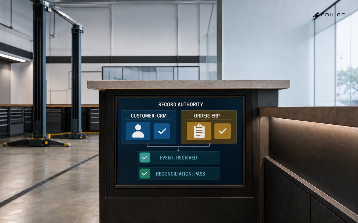 A record-authority console in a service center assigns customer data to CRM and order data to ERP before reconciliation.
