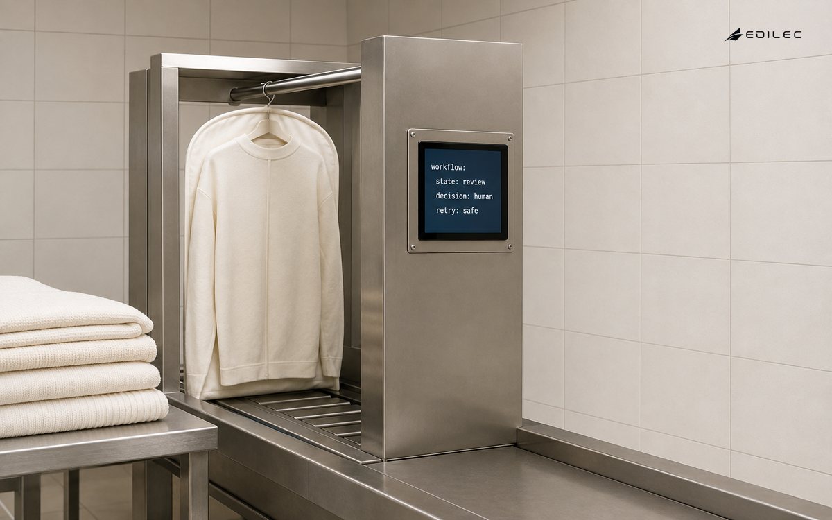A garment is stopped at an inspection gate whose workflow record awaits human review and permits a safe retry.