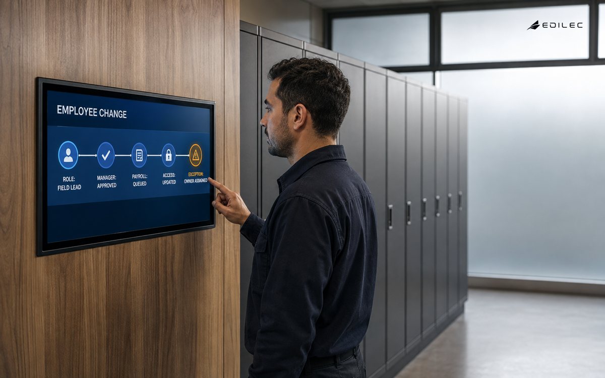 An employee follows a role-change workflow through manager approval, payroll queueing, access updates and assigned exception ownership.