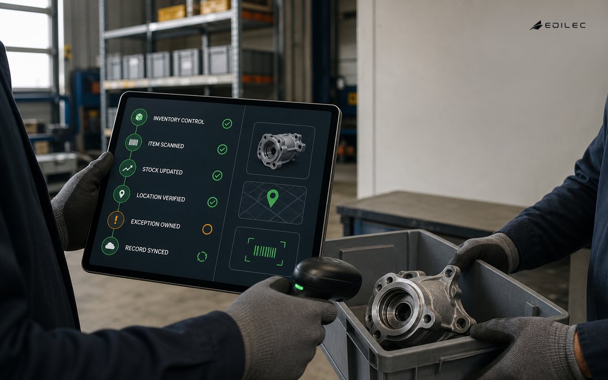 Two warehouse workers scanning and handing off a replacement part while an inventory transaction verifies location and sync.