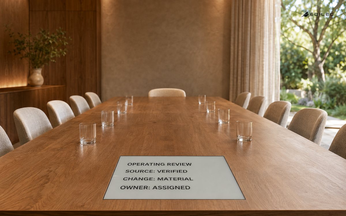 An operating-review surface in an empty meeting salon identifies a verified source, material change and assigned owner.