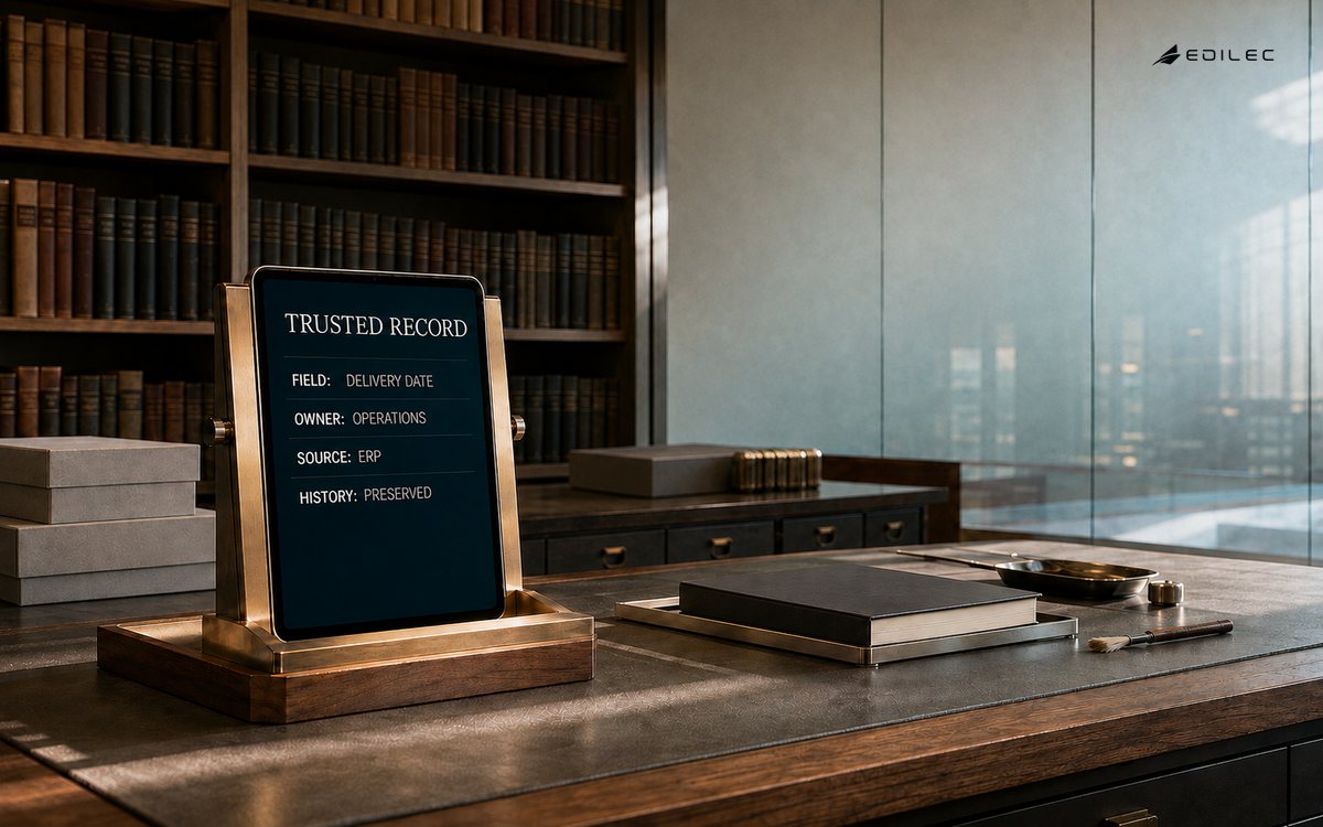 A trusted-record display in a conservation studio assigns delivery date ownership to operations, ERP authority and preserved history.