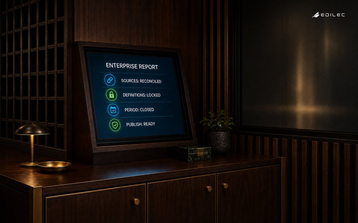 An enterprise-report console in a night-audit room shows reconciled sources, locked definitions, a closed period and publication readiness.