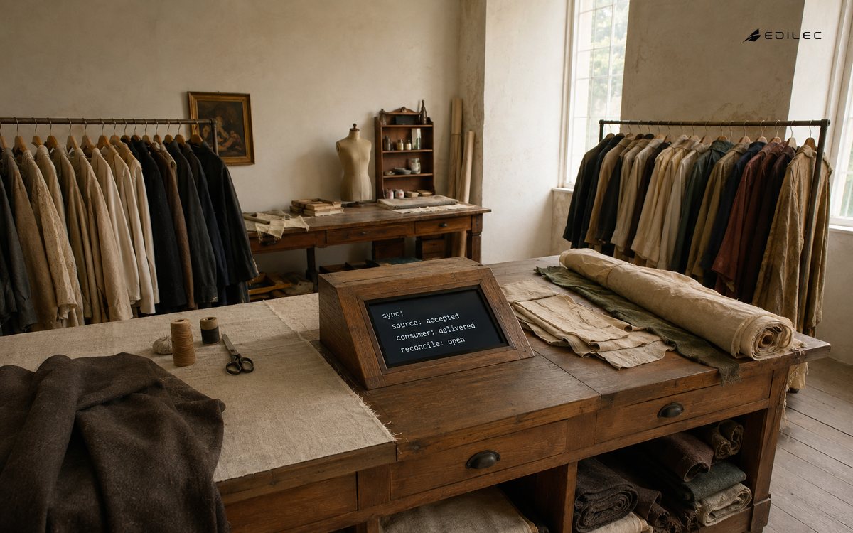 A shared synchronization record between two costume work areas shows accepted source, delivered consumer and open reconciliation.