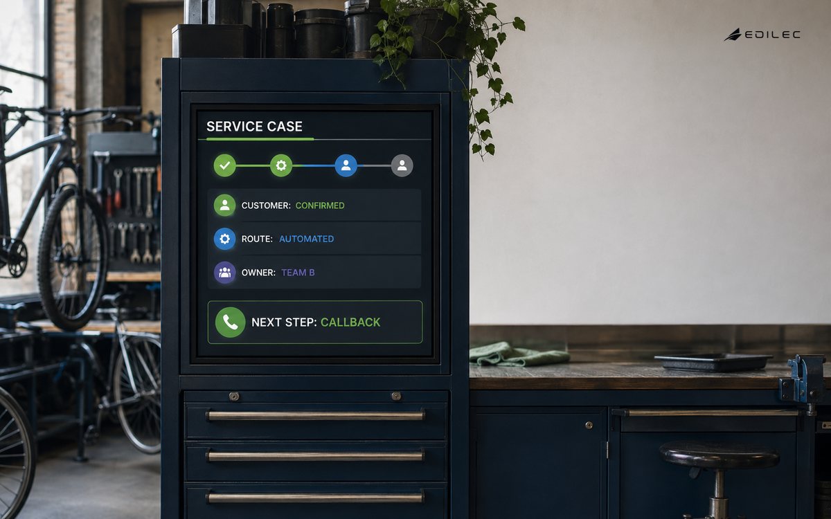 A bicycle workshop service-case console confirms the customer, automated route, team owner and callback next step.