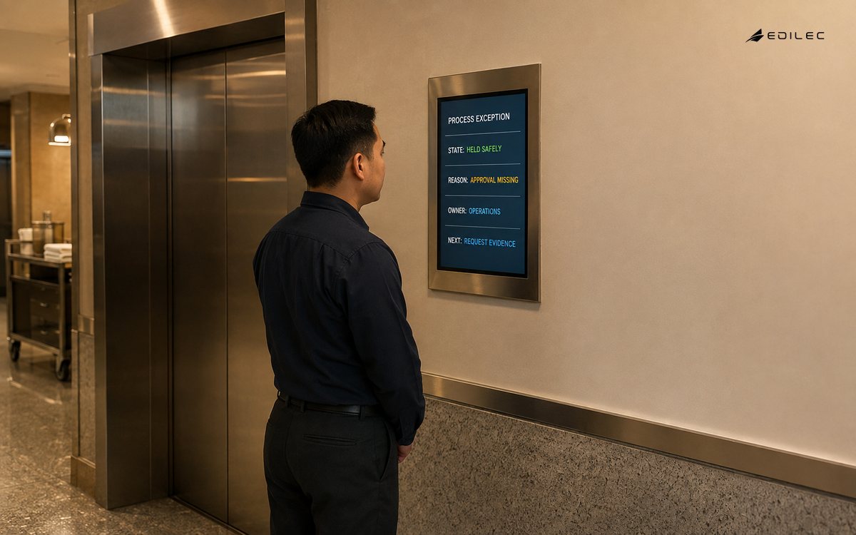 A service supervisor reviews an exception record held safely because approval evidence is missing and operations owns the next action.
