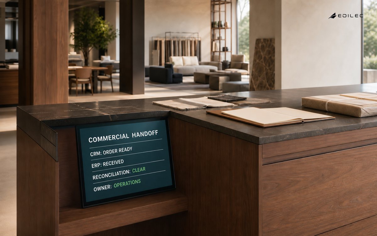 A furniture showroom counter displays a commercial handoff from a ready CRM order to ERP receipt and reconciliation.