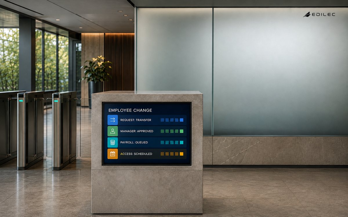 An employee-change console in an office vestibule tracks a transfer through manager approval, payroll and scheduled access updates.