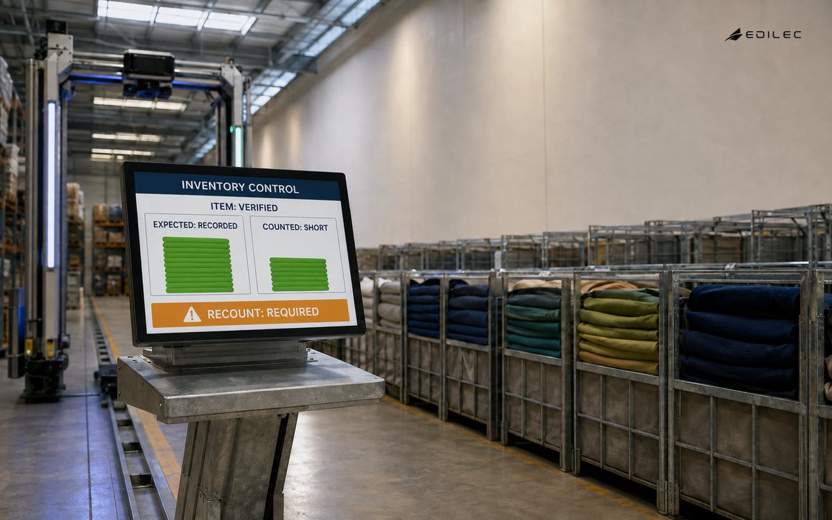 An inventory-control console in a textile aisle verifies the item, finds a short count and requires a recount.