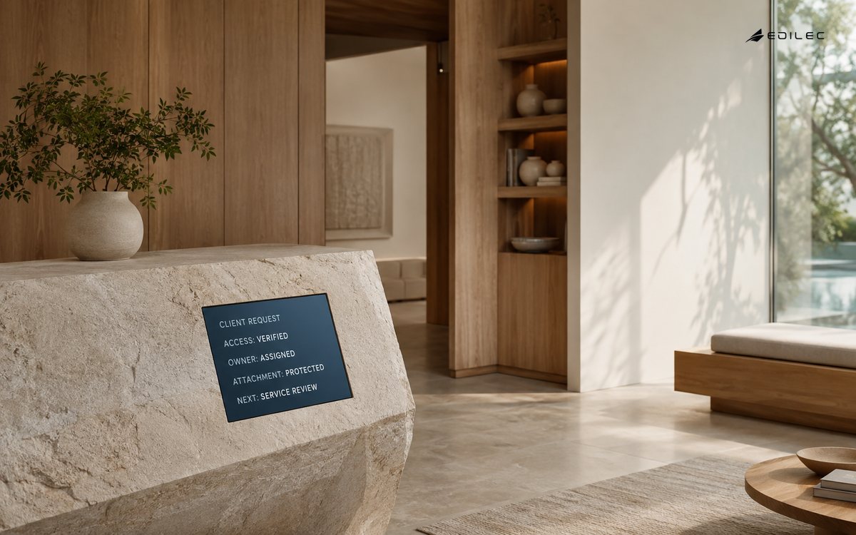 An architecture reception counter shows a verified client request with an assigned owner, protected attachment and service-review next step.