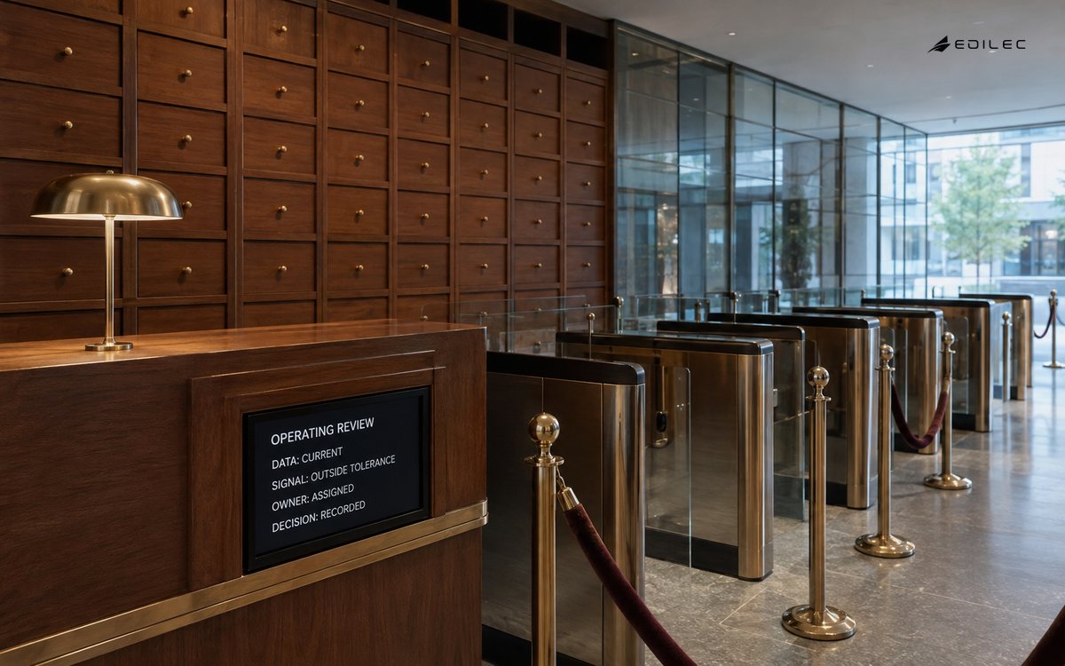 A venue front-of-house station shows an operating review beside coat-check storage and entry gates, with a current out-of-tolerance signal assigned and recorded.
