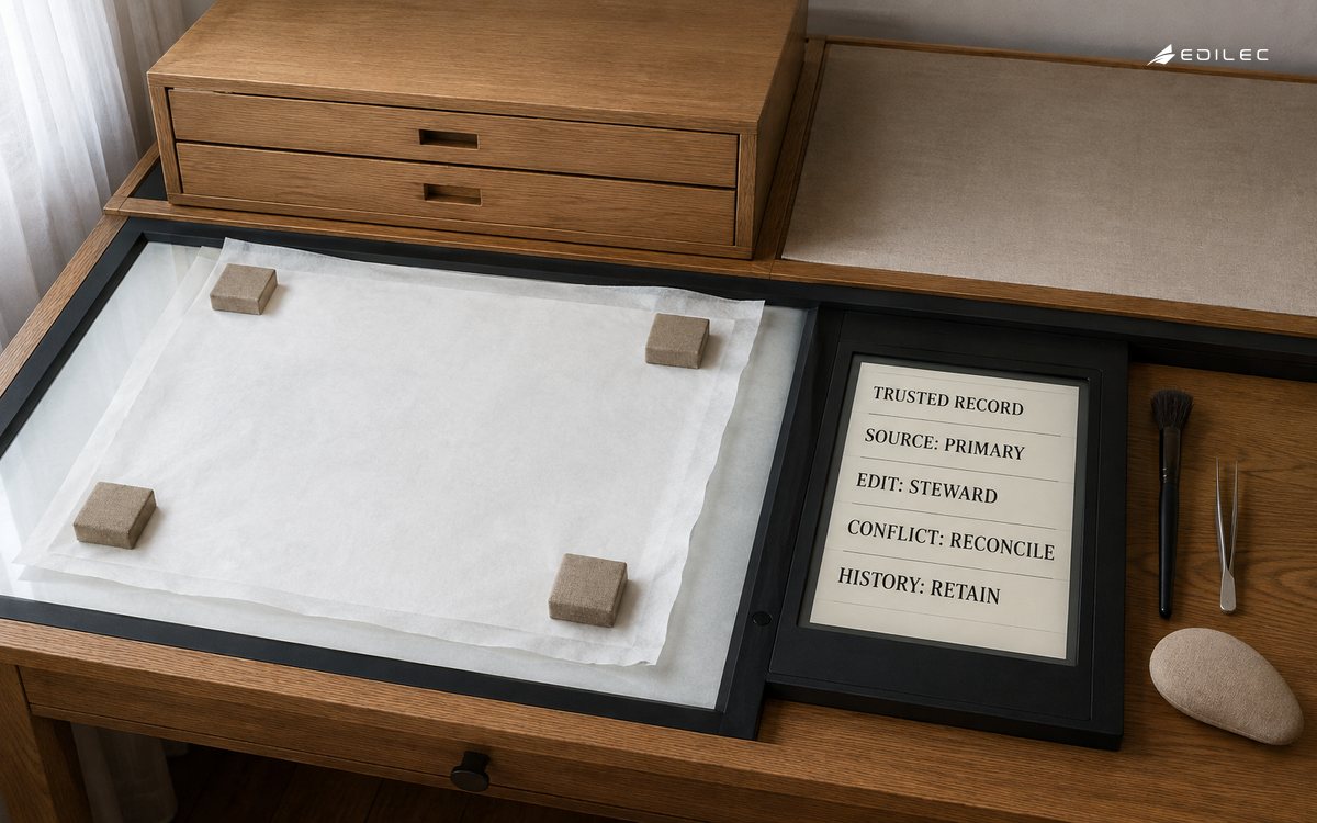 A map-conservation light table carries a trusted-record ledger defining primary source, steward edit rights, reconciliation and retained history.