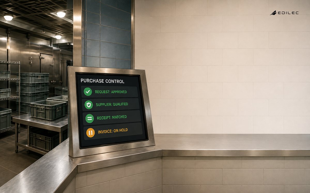 A kitchen receiving station shows an approved purchase request, qualified supplier, matched receipt and invoice on hold.