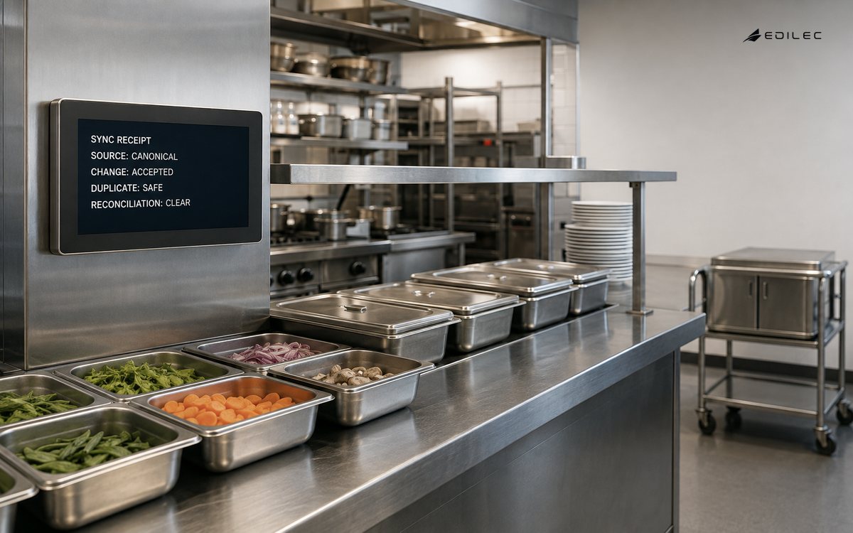 A catering kitchen pass receives a canonical synchronized change with duplicate safety and clear reconciliation.