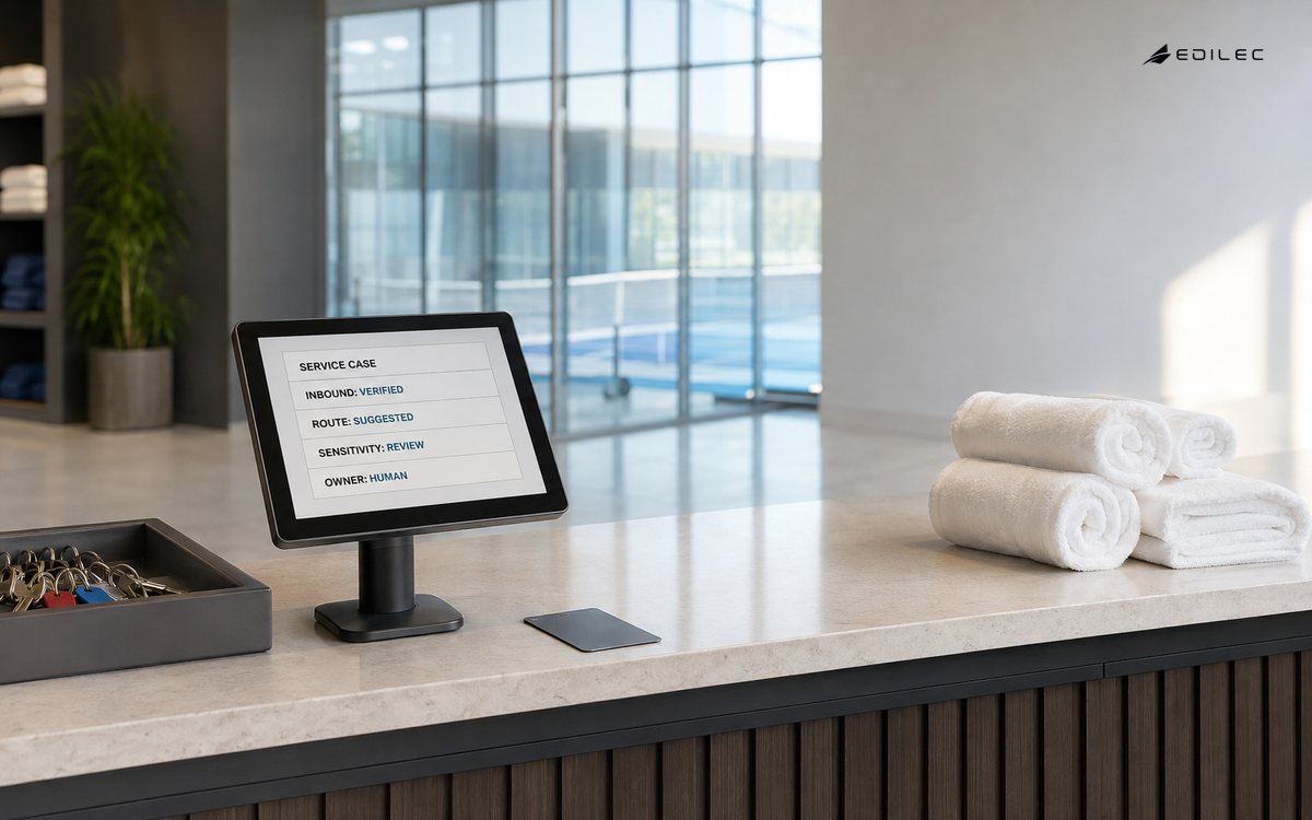 A recreation-centre service terminal verifies an inbound case, suggests a route and leaves sensitive review with a human owner.